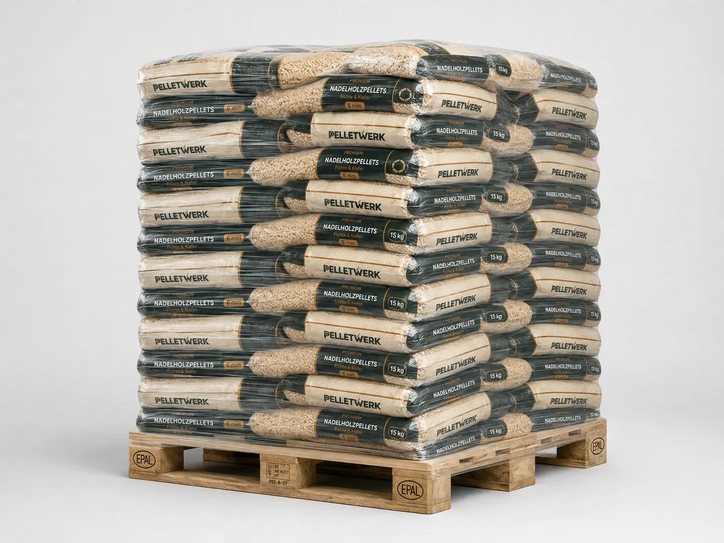 Holzpellets ENplus A1 6 mm · Vorratspalette 990 kg (66 × 15 kg)