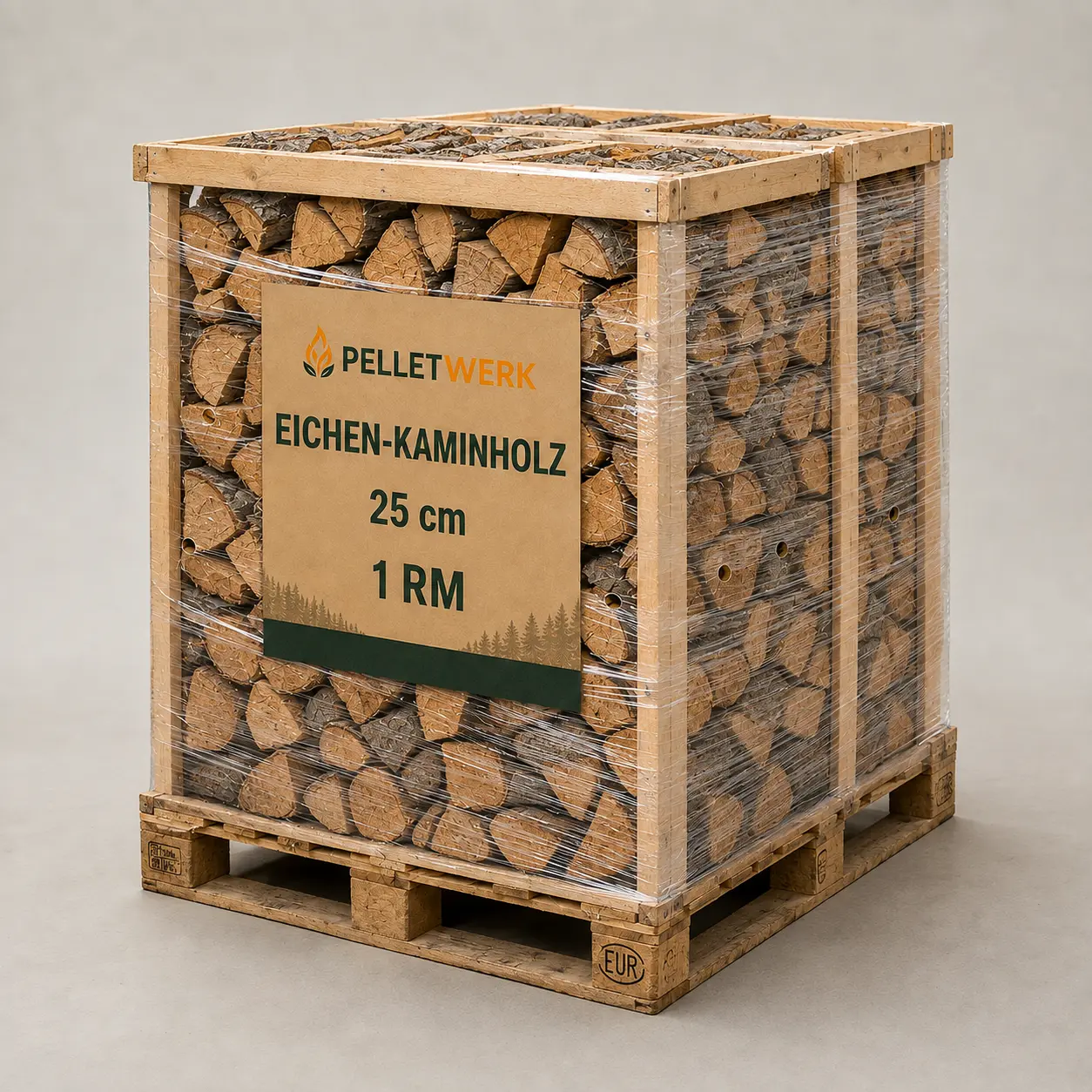 Trockenes Eichen-Kaminholz 25 cm · Vorratspalette 1 RM