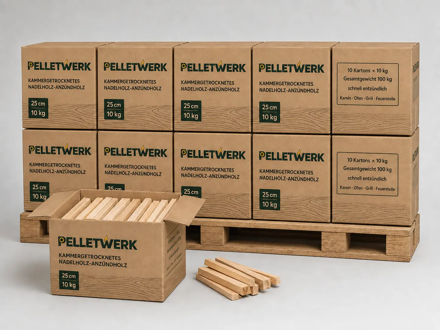 Kammergetrocknetes Nadelholz-Anzündholz 25 cm – 10 Kartons × 10 kg