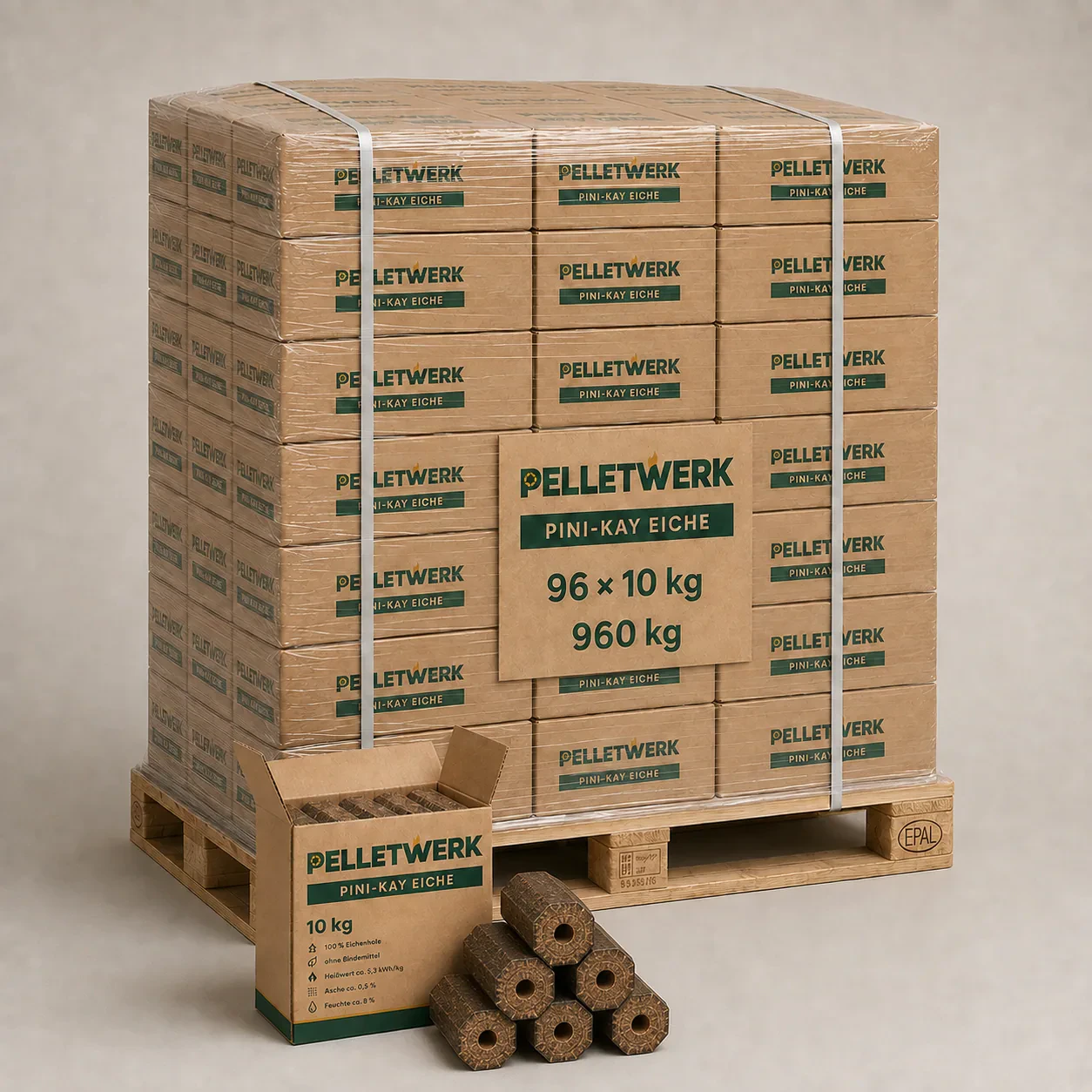 Pini-Kay-Eichenholzbriketts · Vorratspalette 960 kg (96 × 10 kg)