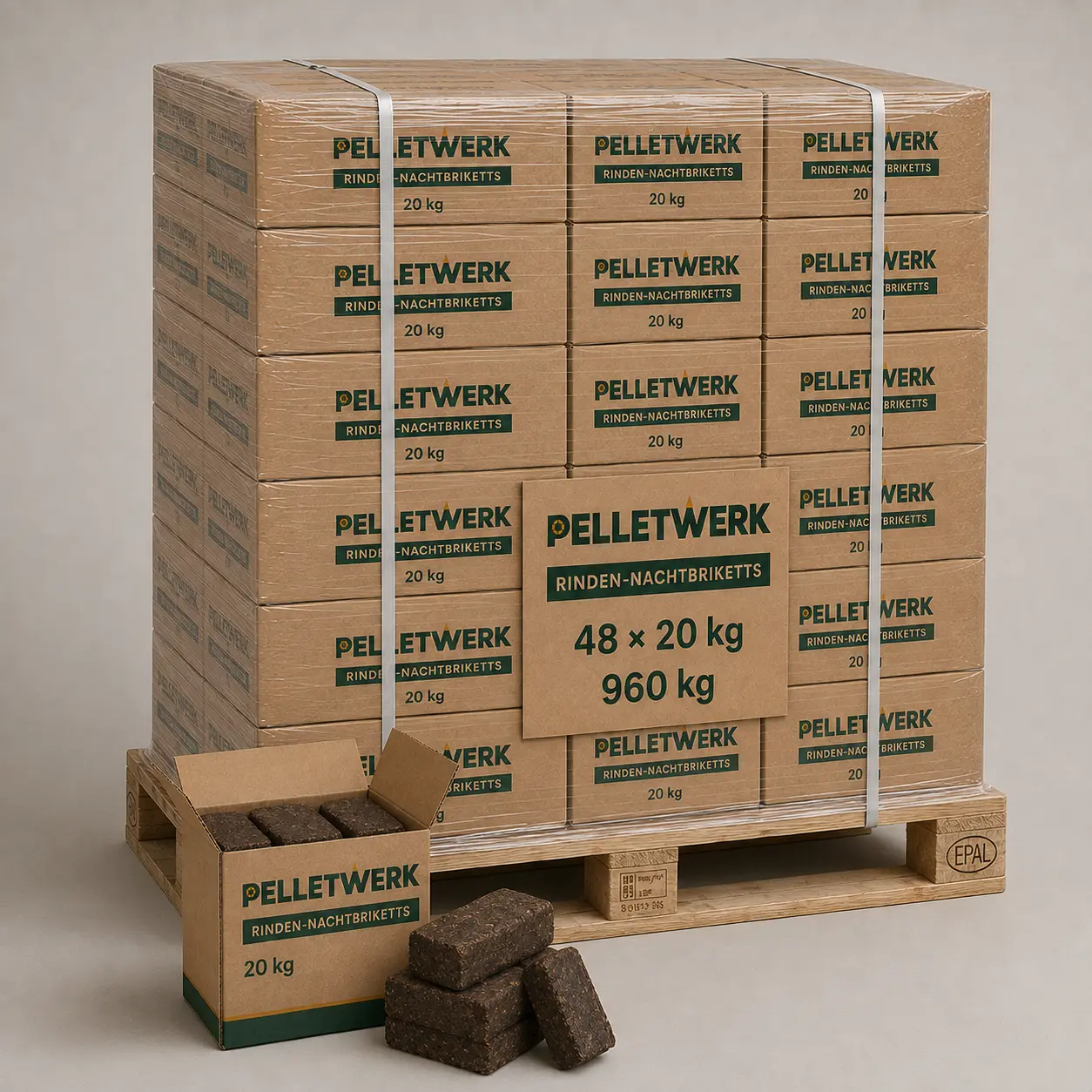 Rinden-Nachtbriketts · Vorratspalette 960 kg (48 × 20 kg)